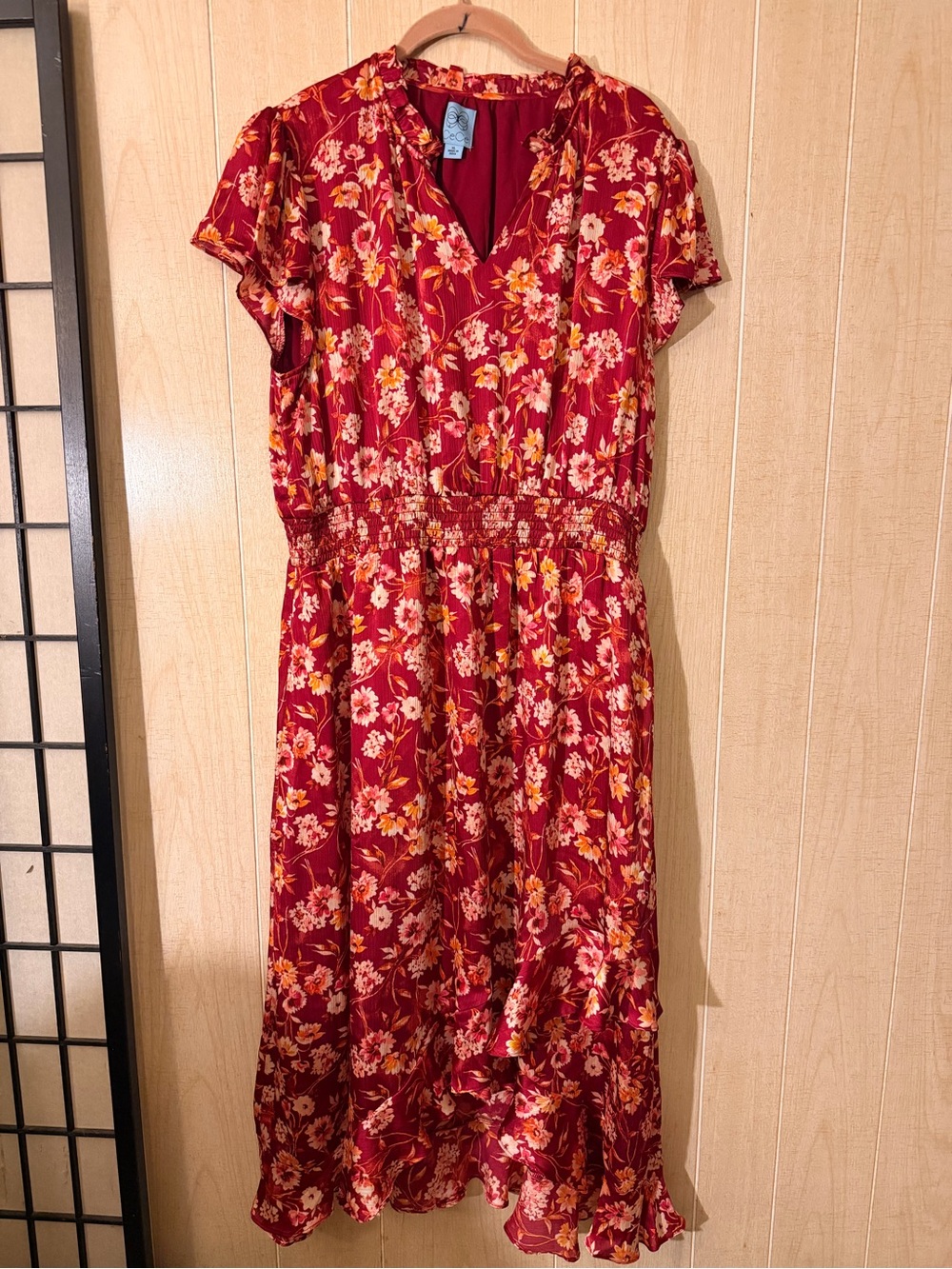 CeCe Red Floral Midi Dress with Pink & Yellow Blooms